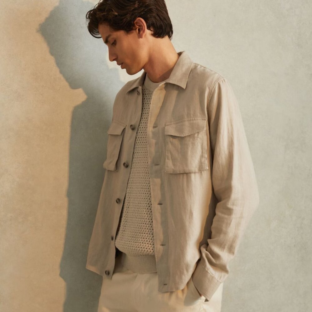 Reiss Men Brige Viera Linen Overshirt in Stone Size M